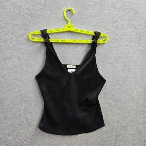 Miss Me Women Top Small Black Ribbed Knot Shoulder Tank V Neck